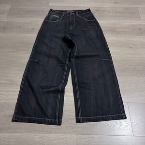 Empyre Wide Leg Denim Jeans Black Contrast Stitch Size 4 Skater Y2K